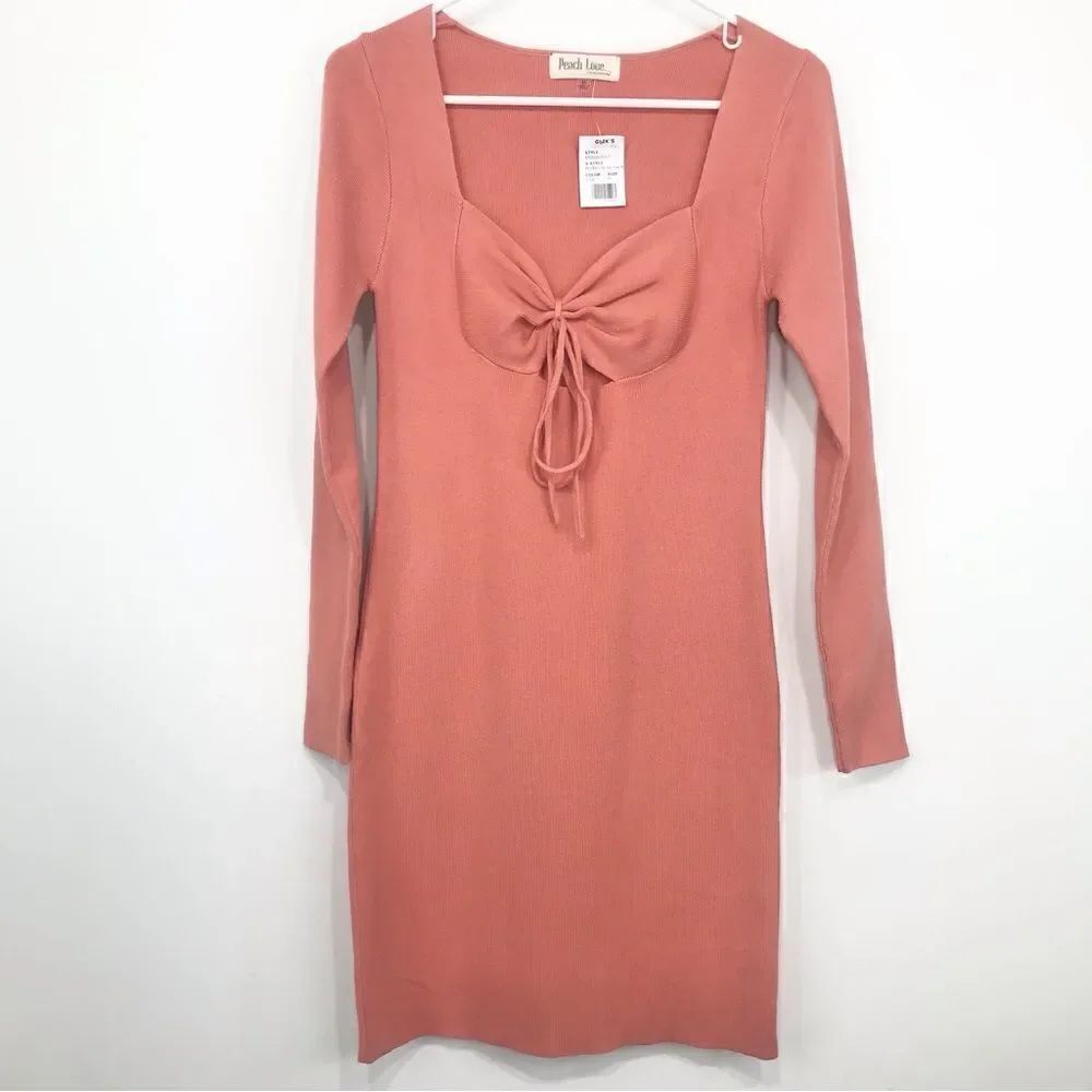 Peach Love Gliks Coral Sweetheart Tie Bust Pencil Stretch Knit Sweater Dress NEW